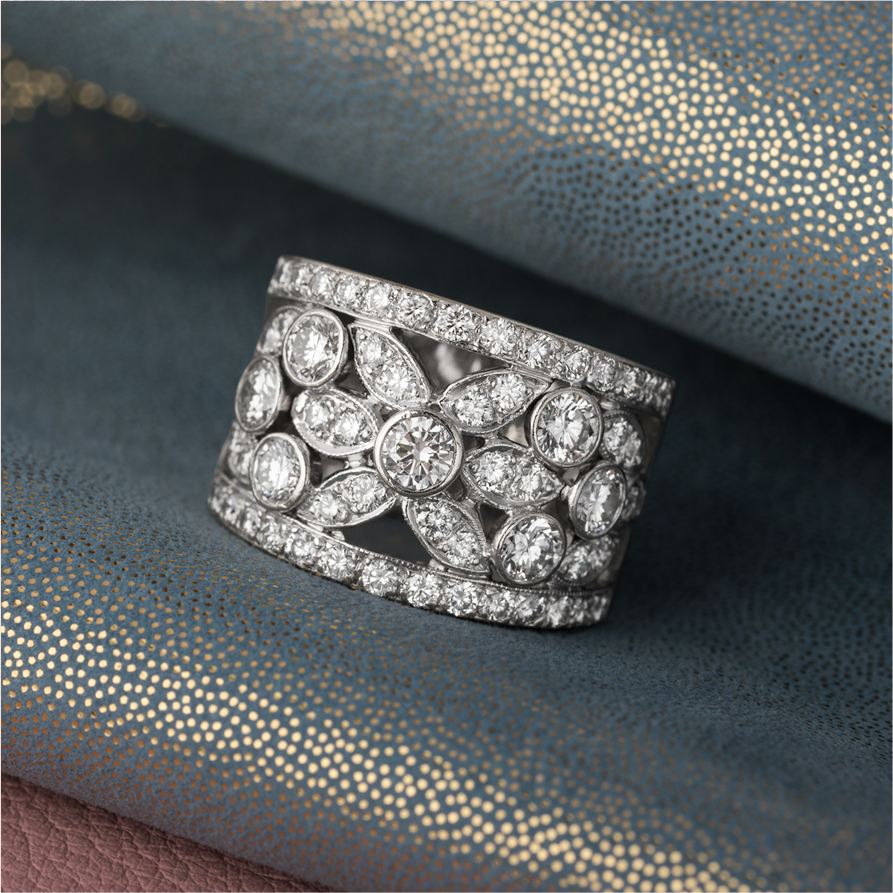 Diamond ring on textured blue background